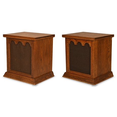 Pair of Oak Console Speaker Cabinets with Arched Trefoil Grilles