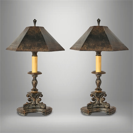 Old World Reproduction Bronze Tone Table Lamps Pair w/ Aged Paper Shades
