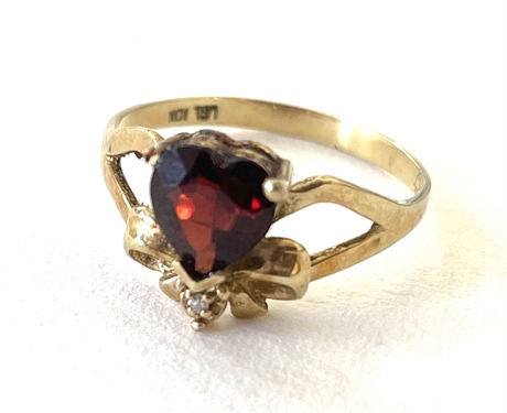 10K Ring With Red Heart Cut Stone