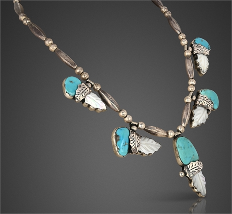 Navajo Ramone Platero Sterling Natural Turquoise & Mother of Pearl Necklace 19"