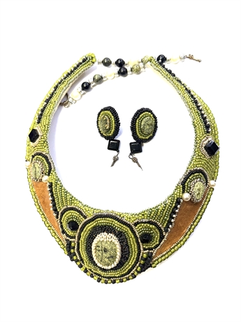 Green Statement Necklace with Earrings