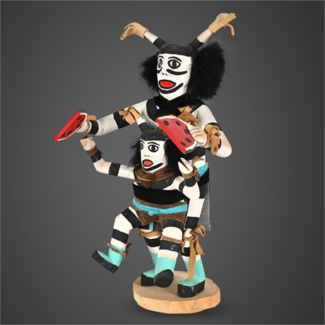 Hopi-Style Double Clown Koshare Katsina Doll, Signed "Paul" — Two-Figure