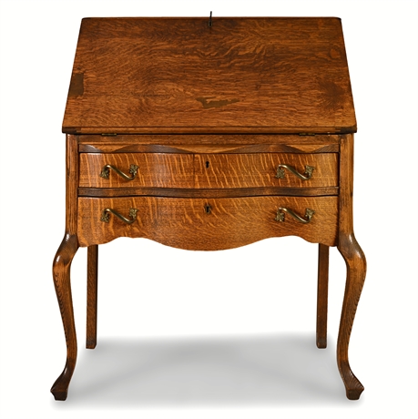 Antique Oak Slant-Front Secretary Desk w/ Key & Brass Handles