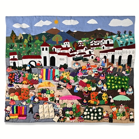 Peruvian Appliqué Wall Hanging – Village Market Scene, Handcrafted
