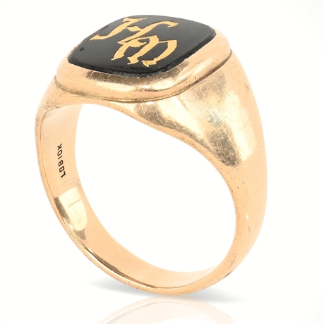 Vintage LGB 10K Yellow Gold Signet Ring – Black Enamel Monogram, Size 11.5