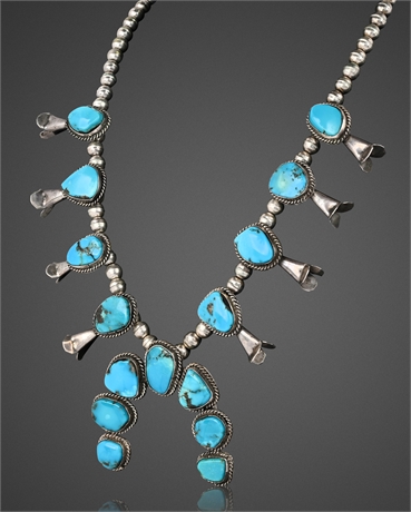 Navajo — Kingman Turquoise & Sterling Silver Squash Blossom, c. 1960s–70s, 18"