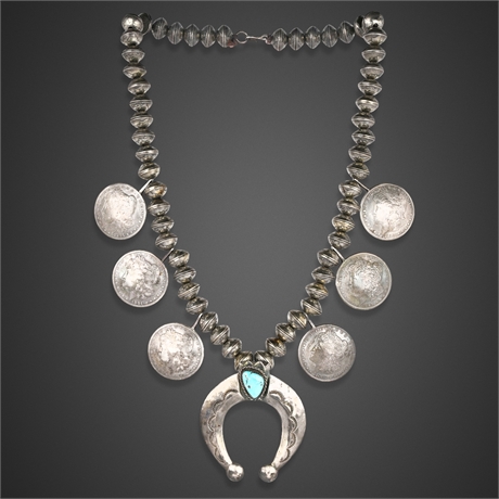 Navajo Sterling Silver & Turquoise Squash Blossom Necklace with Morgan Dollars