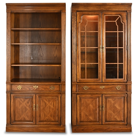 Thomasville Traditional Oak Lighted China Cabinet & Bookcase Set