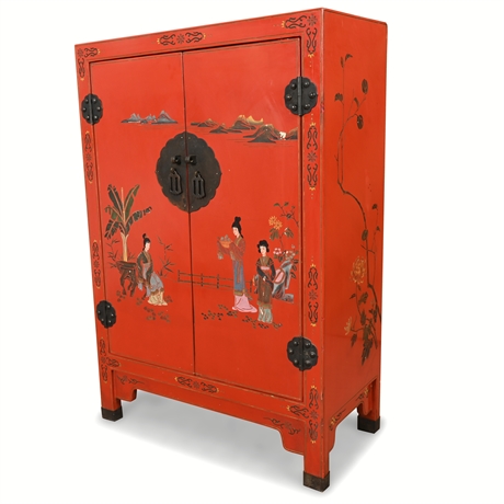 Vintage Chinese Red Lacquer Cabinet – Coromandel Style, Hand Painted, 36"