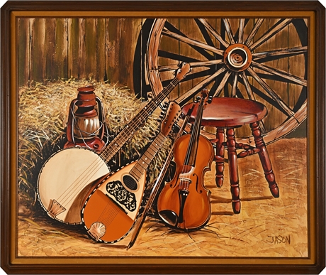 Jason Signed Country Still Life — Banjo, Mandolin & Fiddle in Barn, 1970s