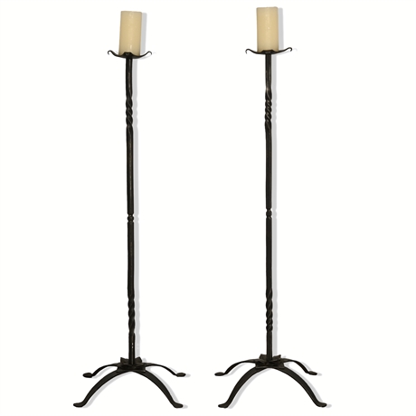 Pair Forged Iron Floor Standing Candlesticks
