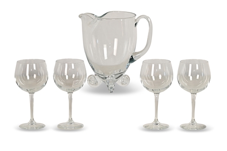 Blown Glass Pitcher & 4-Wine Stems