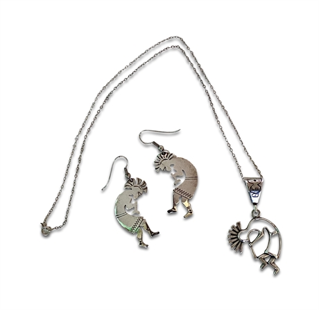 Vintage Sterling Silver Kokopelli Necklace and Earrings Set