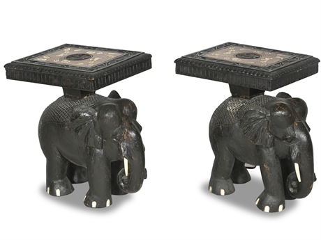 Pair Vintage Carved Elephant Side Tables