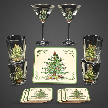 Spode Christmas Tree 13‑Pc Barware Set – Glasses, Coasters & Trivet