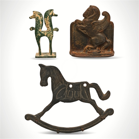 Cast Iron Horse Group: 1925 D.A.L. Pegasus Bookend, Hook Rack & Double Horse