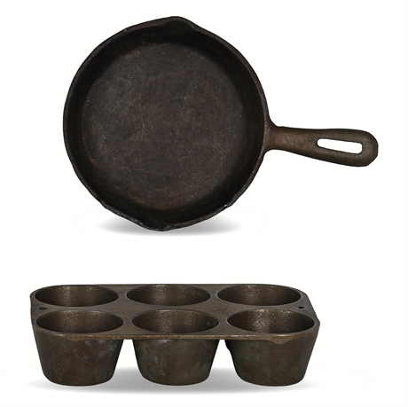Antique Cast Iron Skillet & Six-Cup Muffin Pan, Unmarked