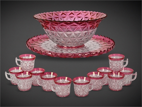 Vintage Cranberry Stained Glass Punch Bowl Set – 14 Pc w/ Tray & 12 Cups
