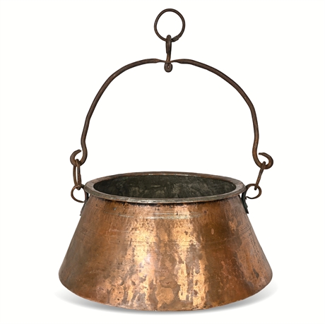 19th C. Hand-Hammered Copper Cauldron with Forged Iron Handle