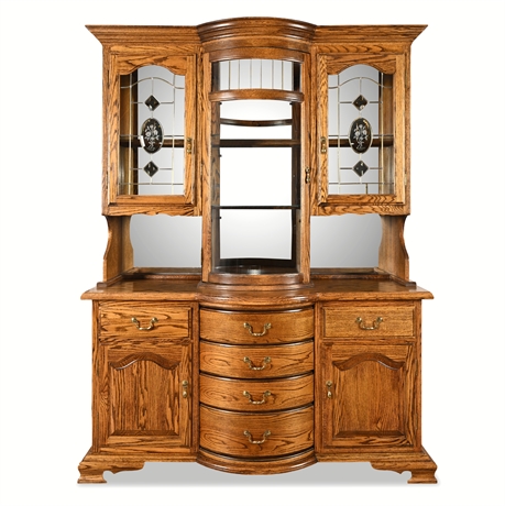 Solid Oak Bow Front Bar Cabinet / Hutch with Leaded Glass – Heavy & Well‑Built