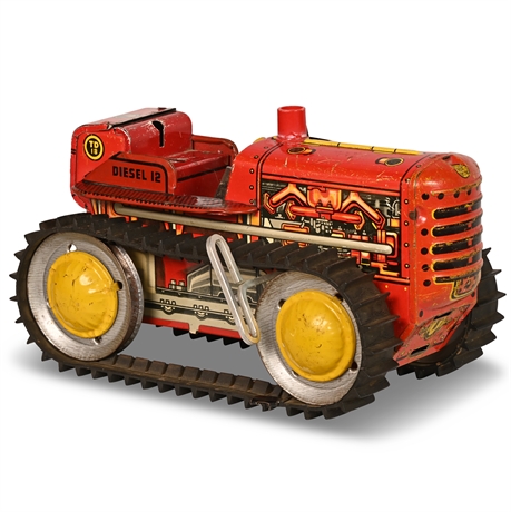 9" Vintage Marx Metal Litho Tractor Diesel 12 Wind Up Toy