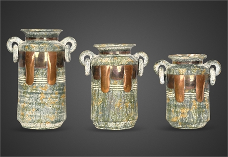 Set of 3 Double-Handled Copper & Brass Ceramic Vases — Brutalist Style