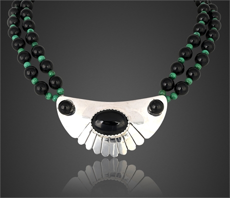 Modernist Sterling Silver Onyx Malachite Double-Strand Necklace