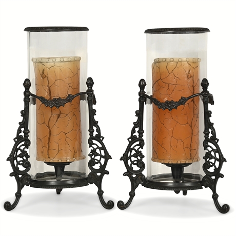 Pair of Ornate Cast Iron Candle Holders with Hand-Blown Glass – Austin Sculpture