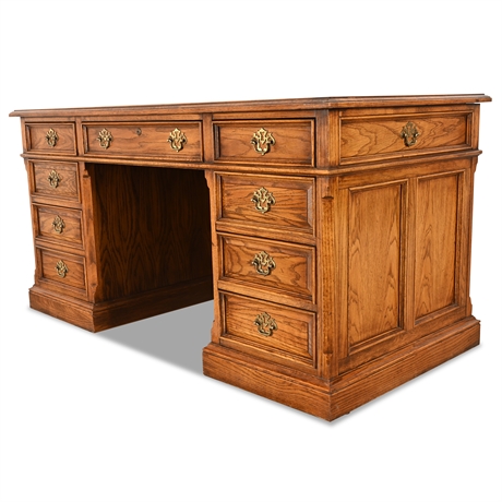 Thomasville Executive Desk – Solid Oak, Parquet Top, Chippendale Brass Hardware