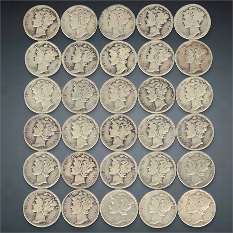 Mercury Silver Dime Collection (30 Coins, 1928–1945)