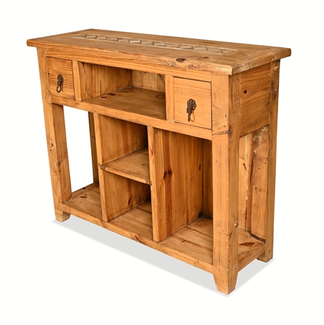 Mexican Rustic Pine Console Table with Marble Tile Inlay Top