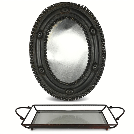 Vintage Pressed Tin Frame & Wrought Iron Glass Tray – 2-Piece Set