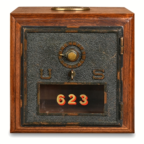 1906 U.S. Post Office Lock Box Door Coin Bank — Bluefield, WV, Walnut Case