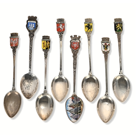 Set of 8 Silver Souvenir Spoons — 800 & Sterling, Enamel German Crests