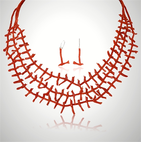 Zuni Coral Cardinal Bird Fetish Necklace & Earrings Set, c.1960s–1970s