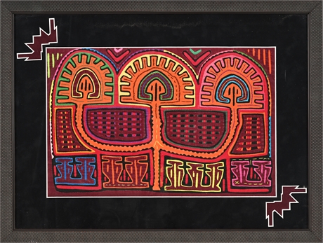 Framed Guna Mola Textile – Geometric Design, 17.5” x 23”