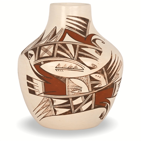 Hopi-Tewa Pottery Jar by Joy Navasie "Frog Woman" – Traditional Motifs