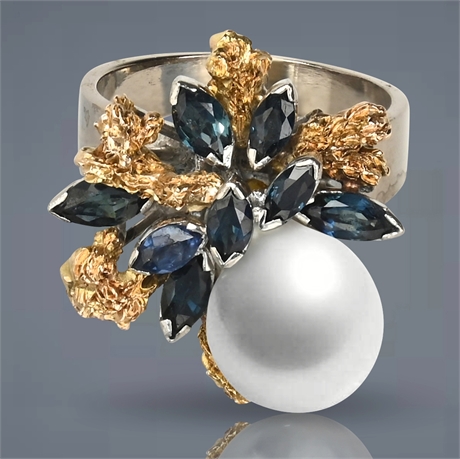 14K White & Yellow Gold Akoya Pearl and Sapphire Ring, Vintage Floral Design