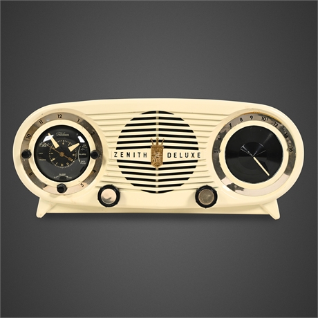 Zenith Deluxe K518 "Owl Eyes" Tube Clock Radio — 1953, Ivory Bakelite, Telechron