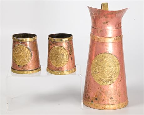 Vintage Copper Aztec Calendar Shot Mugs and Pitcher