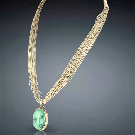 52-Strand Sterling Liquid Silver Necklace with Turquoise Pendant