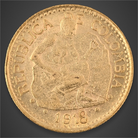 1918 Colombia 5 Pesos Gold Coin – Liberty Seated – .9167 Fine Gold