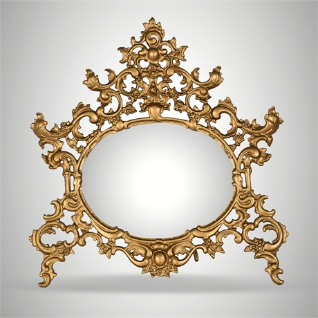 Rococo Revival Gilt Cast Iron Easel Mirror, Beveled Oval Plate