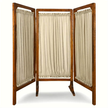 Antique Oak Folding Privacy Screen with Linen Panels, 66.25" x 77"