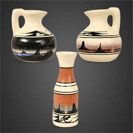 Jean Begay Signed Navajo Pottery Set – (3) Hand-Painted Vessels