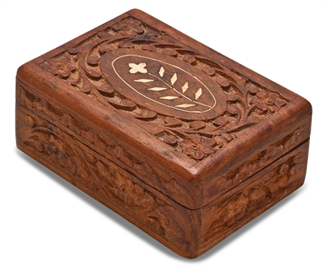 Vintage Carved Wood and Bone Jewelry Box