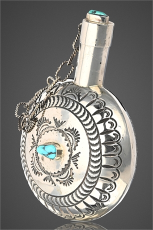 Navajo Sterling Silver & Turquoise Stamped Canteen Flask, 71.5g