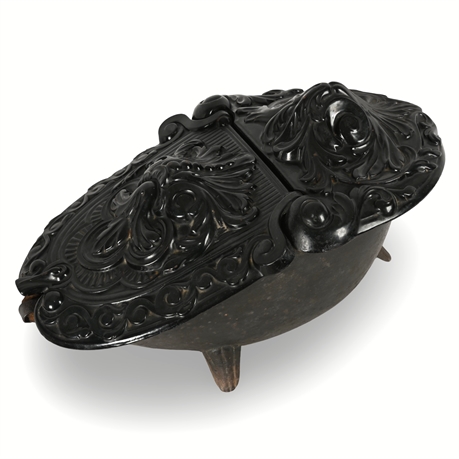 19th-Century Cast Iron Coal Scuttle with Ornate Hinged Lid & Shovel