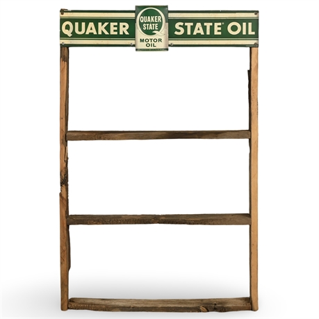 Vintage-Style Quaker State Oil Display Shelf – Rustic Reclaimed Wood