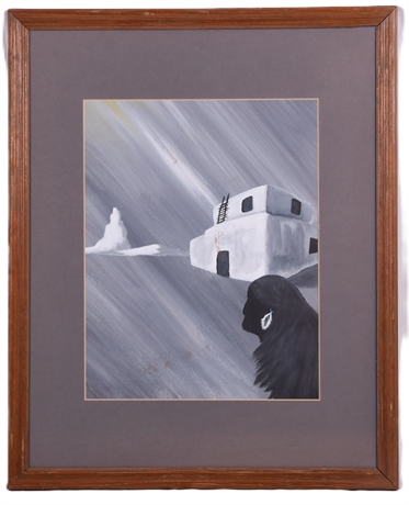Framed Southwestern Surrealist Art, Adobe, Monochrome